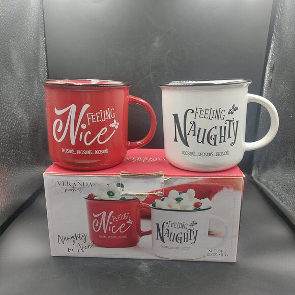 NIB 2 VERANDA MARKET Christmas Holiday NAUGHTY OR NICE 12oz MUGS Cups - Picture 1 of 6